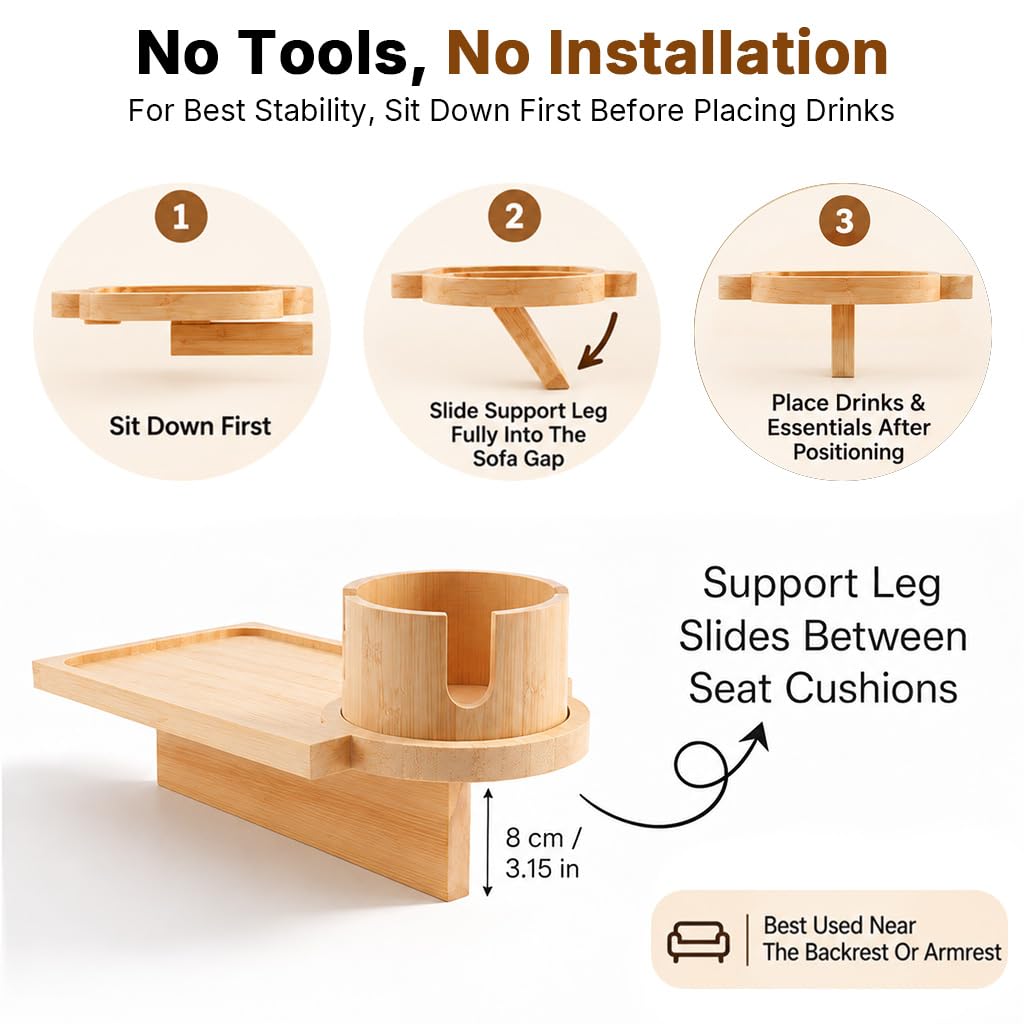 HASTHIP Acacia Wood Couch Tray with 360° Rotating Cup Holder and Sofa-Gap Support Leg