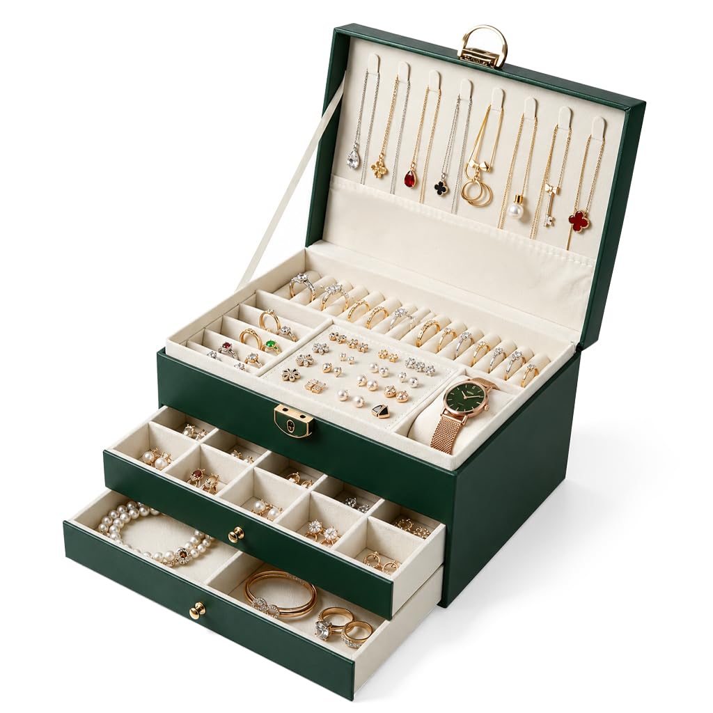 HASTHIP Three-Layer Jewelry Organizer with Multiple Compartments in Durable Synthetic Leather