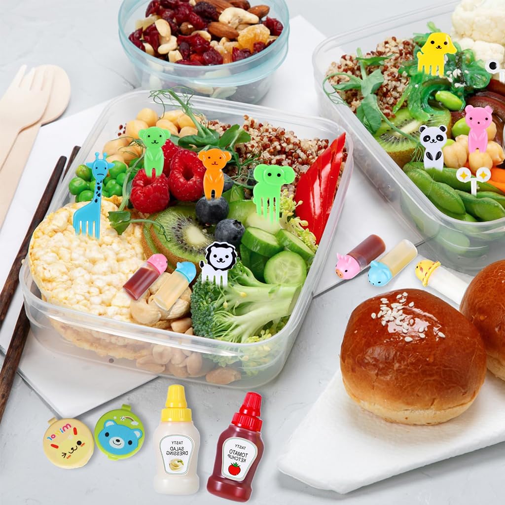 HASTHIP Mini Sauce Bottle Set for Kids with 135 pcs Fruit Forks | Portable Lunch Box Dressing Containers