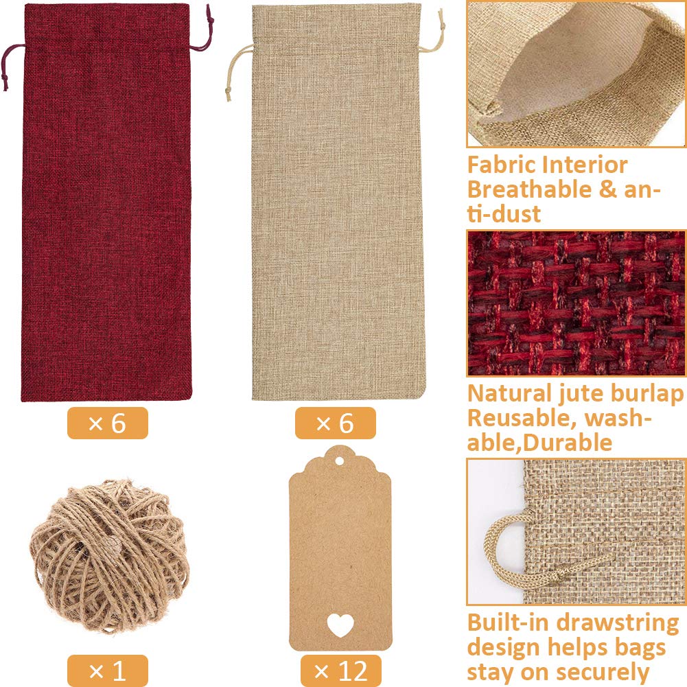 HASTHIP Wine Gift Bags for Birthday and Wedding with Drawstring & Tags | 12 Pcs 5.9 x 13.78 in Burlap