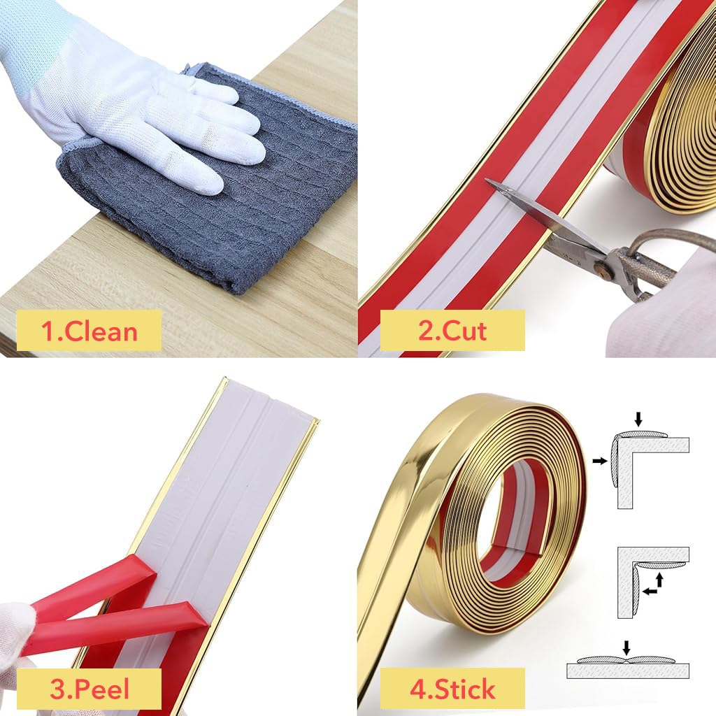 HASTHIP Wall Molding Trim for Home Decoration with Peel and Stick Design | 9.84 ft Golden PVC