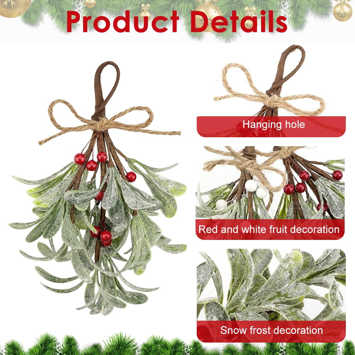 HASTHIP Artificial Christmas Mistletoe for Doors and Walls with Rope Hanging | 2 PCS 9 in Branches with Red and White Berries