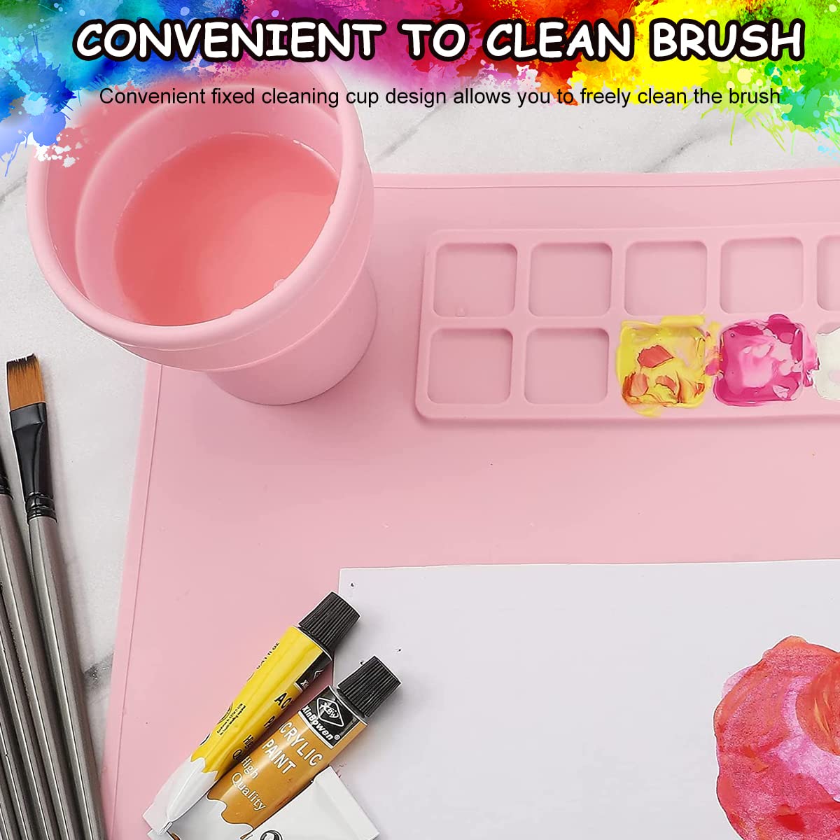HASTHIP Silicone Craft Mat for Kids Arts and Crafts with Cleaning Cup and Mixing Plate 43×38cm