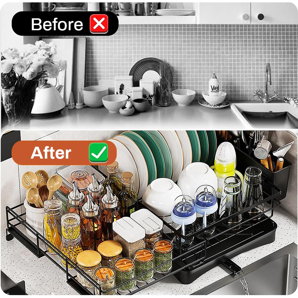 HASTHIP Dish Drying Rack for Kitchen Counter with 55x42cm Adjustable Basket and Drainboard