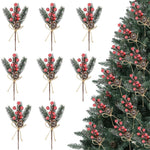 HASTHIP Artificial Christmas Floral Picks for Wreaths with Hemp Rope Hanging 8pcs 7.87in | Red Berries Pinecones and Holly Leaves Decor