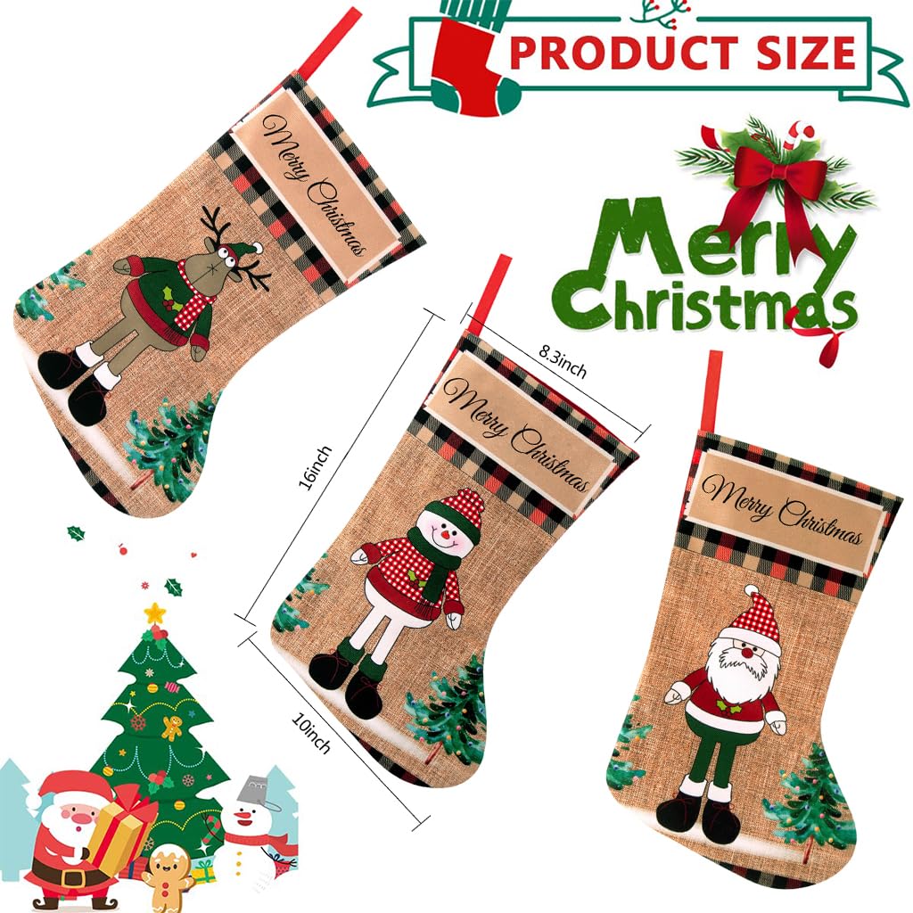 HASTHIP Christmas Stockings 3pcs 16 inch Linen Set for Fireplace and Tree | Elk Snowman Santa Design