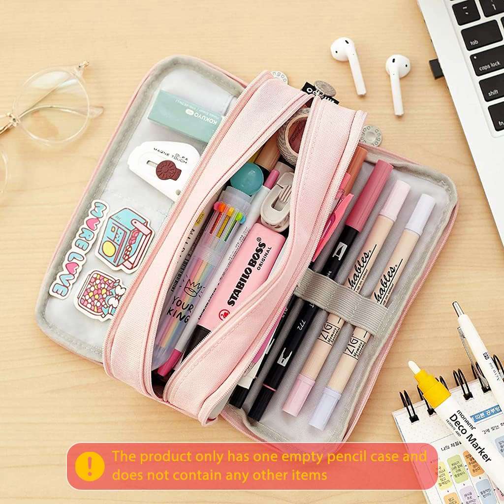 HASTHIP® Large Pencil Pouch with 8 Elastic Pen Sleeves, 3-Zipper Oxford Pencil Box, Pencil Pouch for Girls Aesthetic for School, Office, Makeup or Toiletries, 23.5x6.5x9.5 cm (Pink)