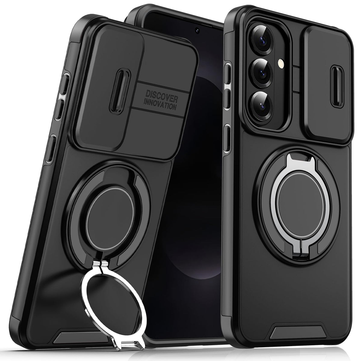 HASTHIP® Compatible with Samsung Galaxy S26 Plus, Phone Case with Magnetic Desk Ring Support, Anti-scratch PC Phone Case with TPU Bumper, Sliding Lens Guards, Fashion Protective Phone Accessory