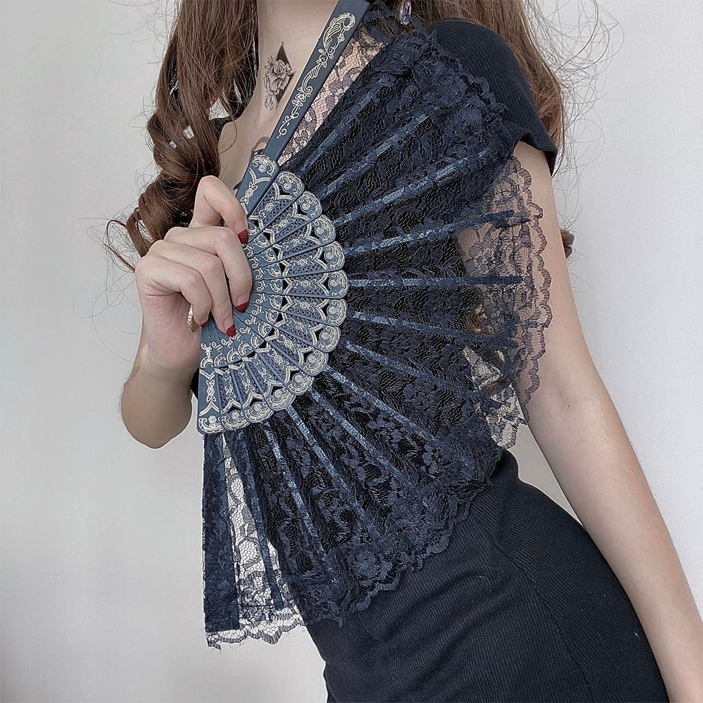 HASTHIP Chinese Hand Fan for Parties and Weddings with Bamboo Frame and Black Lace | 2PCS Set