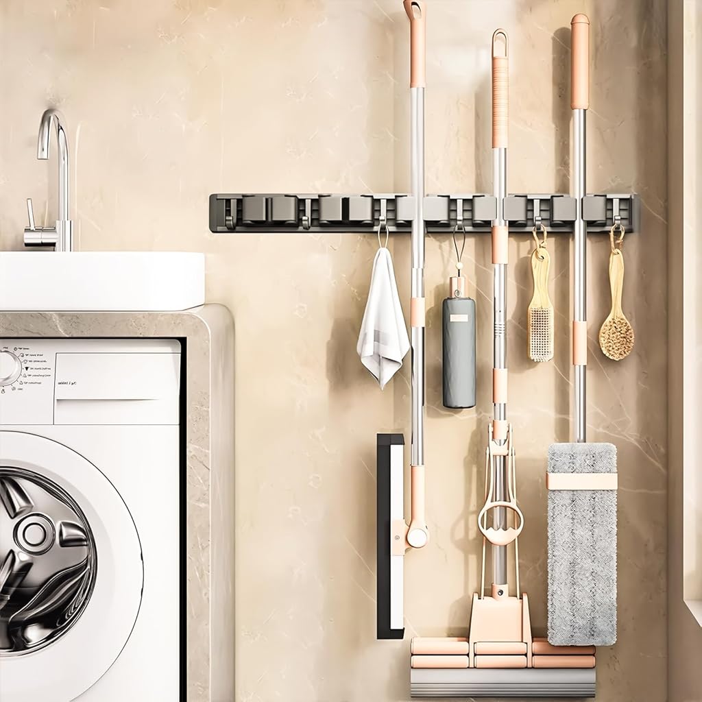 HASTHIP® Aluminum Wall Mop Holder, No Drill Push-in Mop Holder Organizer with 6 Hooks, Space Saving Cleaning Tool Organizer for Bathroom Garage