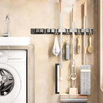 HASTHIP® Aluminum Wall Mop Holder, No Drill Push-in Mop Holder Organizer with 6 Hooks, Space Saving Cleaning Tool Organizer for Bathroom Garage