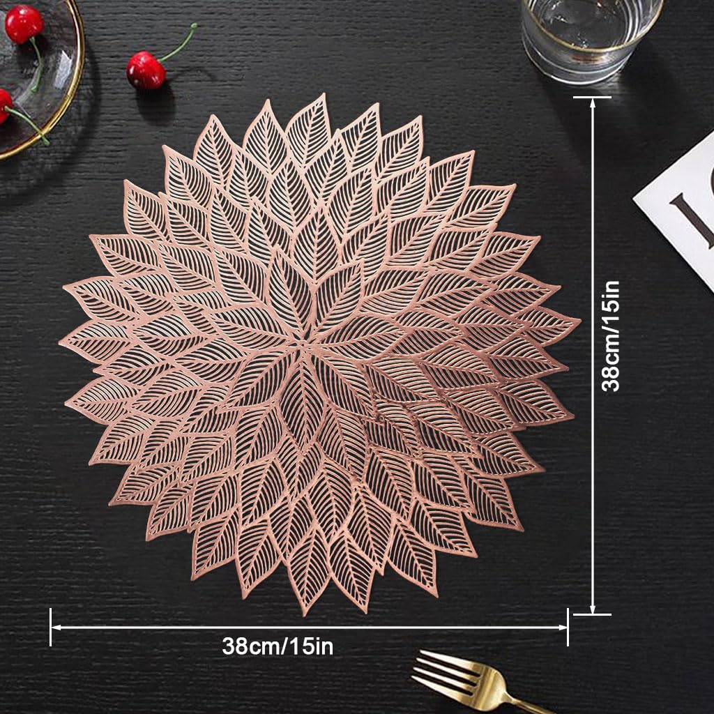 HASTHIP Placemats for Dining Table featuring 15 inch Round Floral Cut Out Design | Gold PVC Set of 6