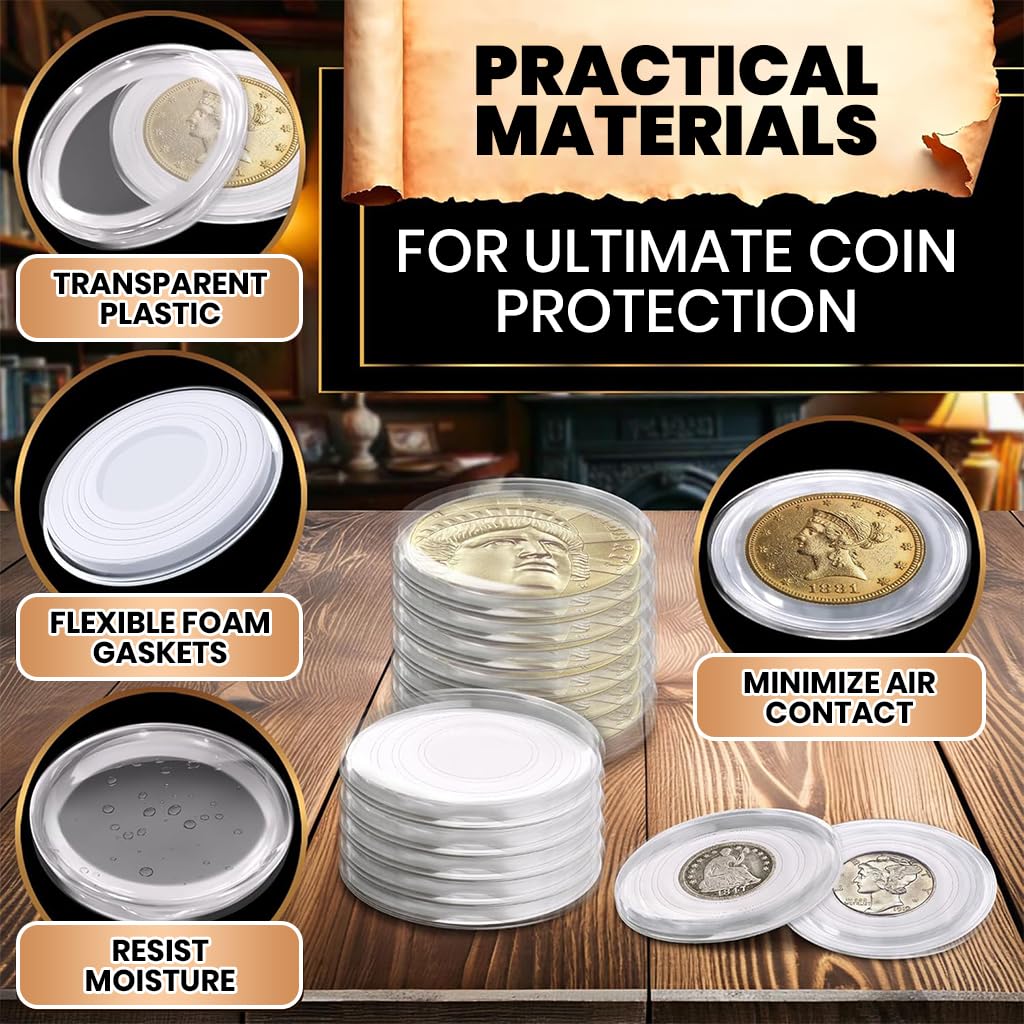 HASTHIP® 60 Pcs Coin Box with 5 Sizes Protective Gasket, Clear Plastic Coin Capsule Holder for 17-40mm Coins, Tokens, Medals, Collecting Storage Organizer