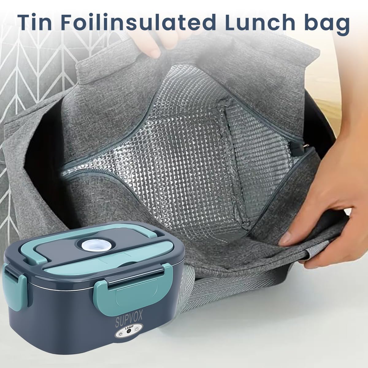 HASTHIP Lunch Box for Car and Home with 1.5L Stainless Steel Bowl featuring Dual Layer Heat Circulation | Includes Spoon Fork and Storage Bag