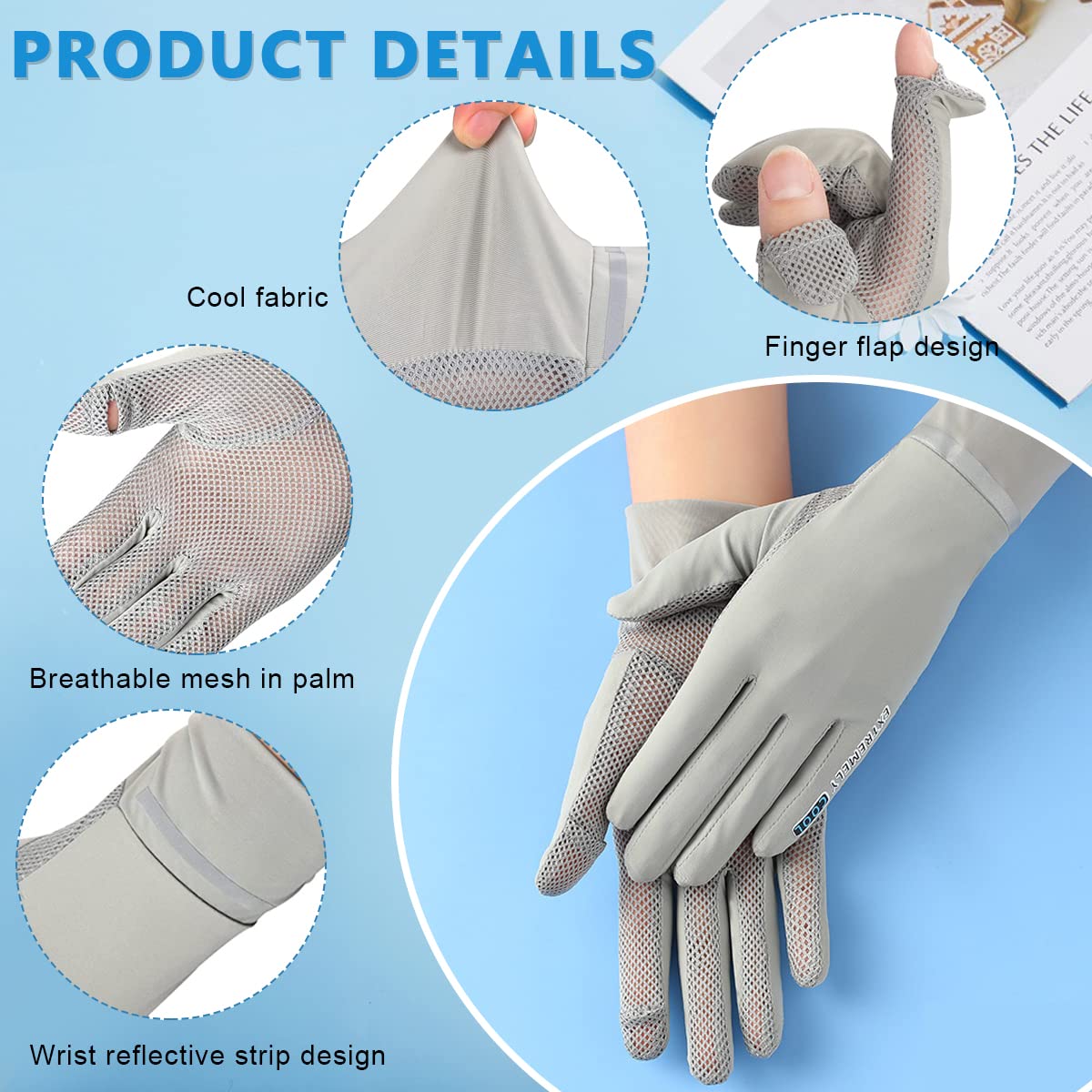 HASTHIP Hand Gloves for Sun Protection with UPF 50+ Ice Silk Fabric 3 pcs | Grey Women Cycling Gloves
