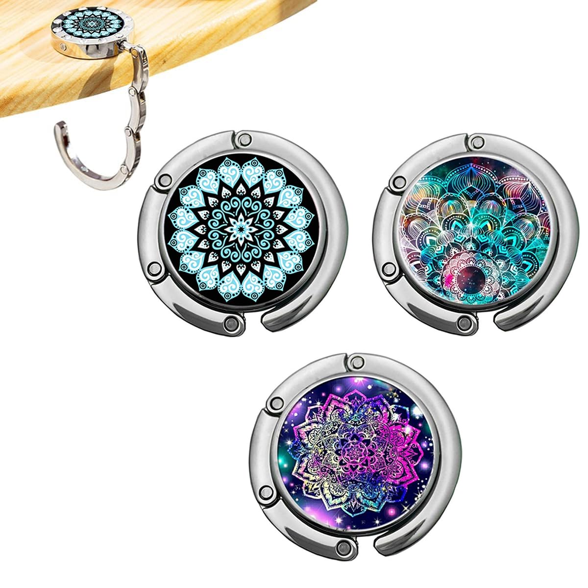 HASTHIP® 3Pcs Desk Bag Hanger Aesthetic Mandala Metal Bag Hanger Portable Folding Bag Ring Hanger for Table, Office Desk Aluminum Alloy Removable Hooks for Bags, Handbag, Backpack