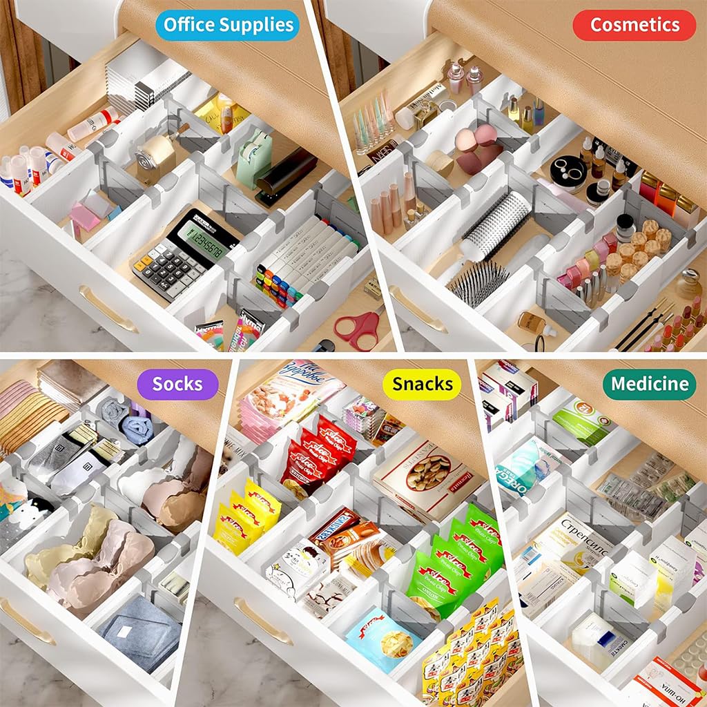 HASTHIP Expandable Drawer Dividers for Kitchen and Wardrobe Organization with Anti-Slip Pads | Adjustable 11.1–17.3 in ABS Set