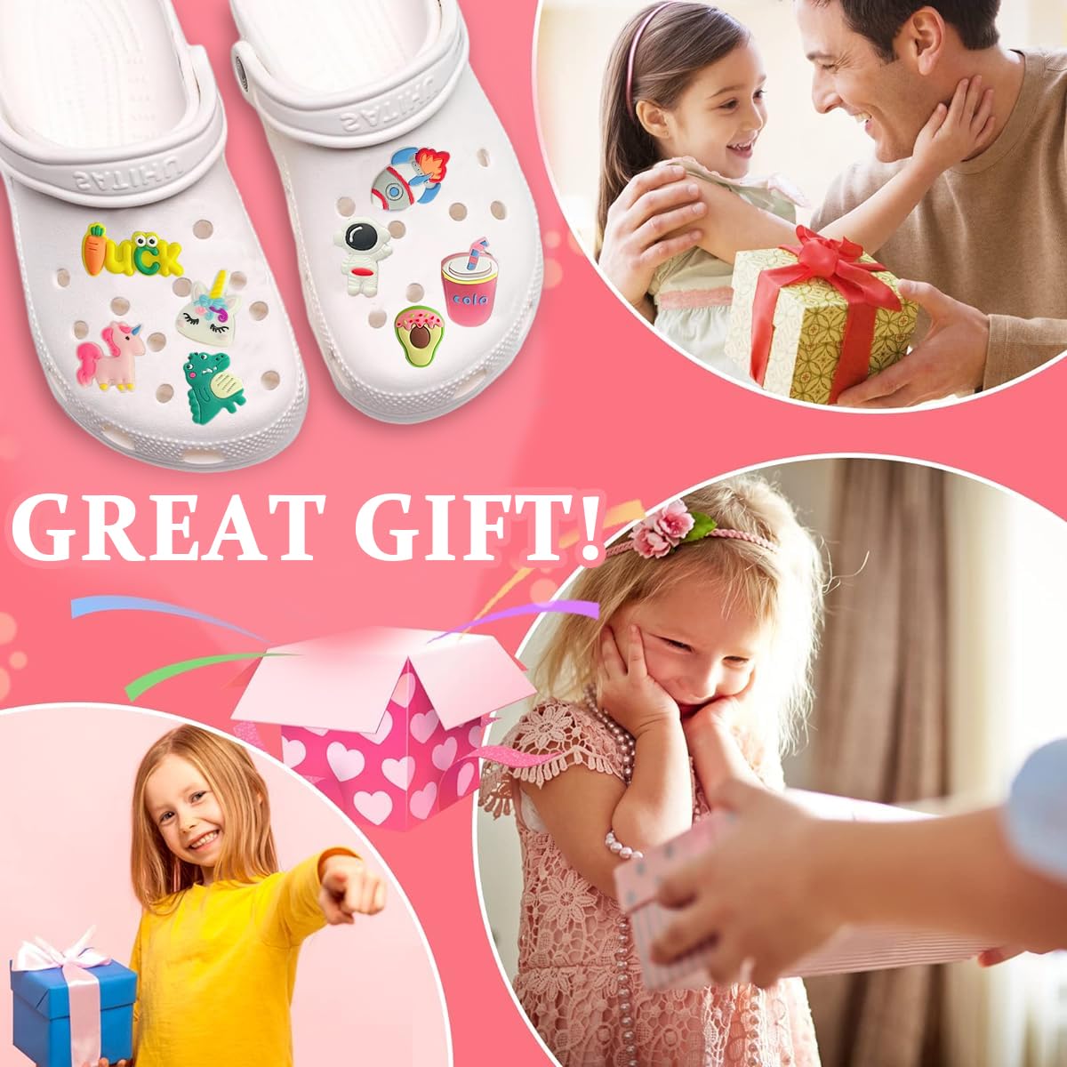 HASTHIP Shoe Decoration Charms Combo for Clogs with Secure Snap Attachment | 65Pcs Pink Rubber Set for Teens and Adults
