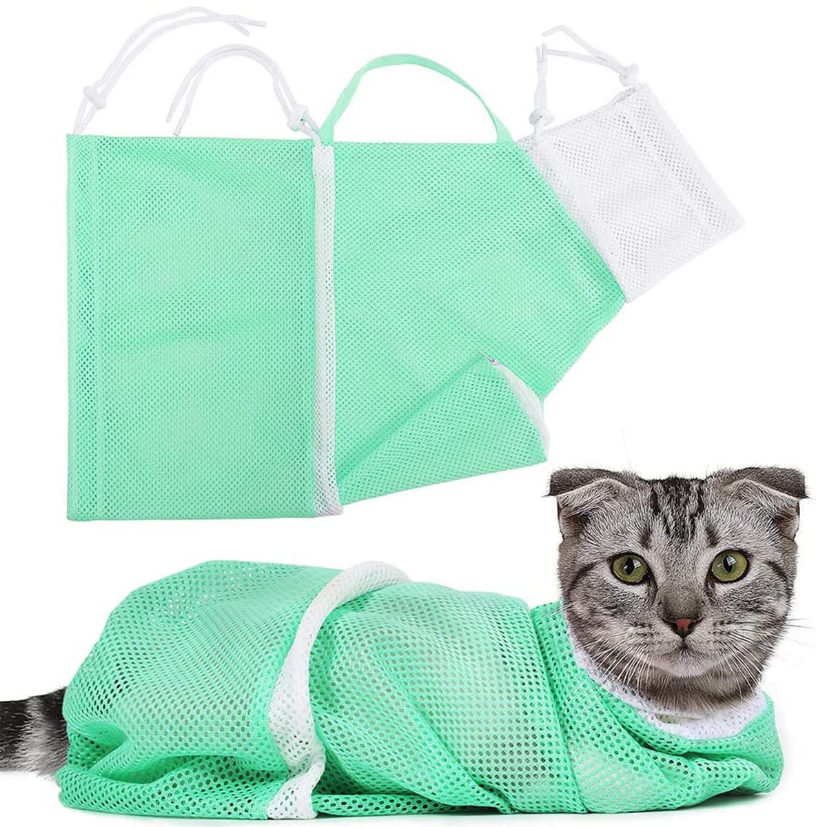 HASTHIP® Bolsa de Baño para Gatos Ajustable,Antimordida y Antiarañazos,Malla Transpirable con Cremallera y 3 Cordones Bolsa de Sujeción Multifuncional para Corte Uñas Medicación
