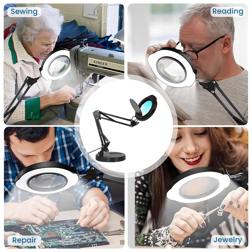 HASTHIP Magnifying Glass for Reading and Craft with 15X 4.2in Glass Lens and Clamp Stand | 5 Color Stepless LED Light