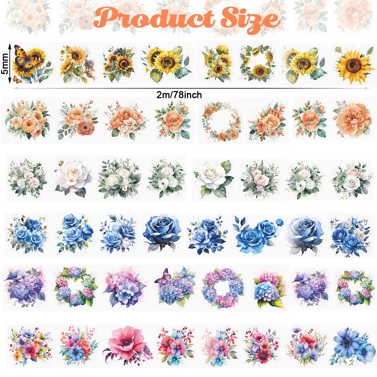 HASTHIP Floral DIY Scrapbooking Decorative Tapes for Journal Making featuring 6 Rolls 50mm x 2m PET Transparent Design