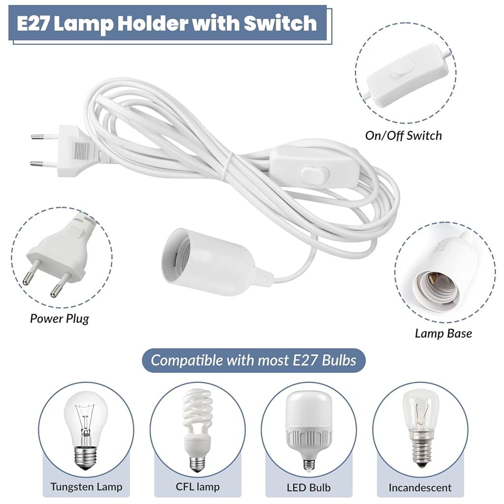HASTHIP® BrandName 2 Pack E27 Lamp Holder with Cable, Switch & EU Plug, Hanging Pendant Light Socket with 2m Power Cord, Edison Screw Lamp Base for DIY Lighting in Kitchen, Living Room, Bedroom