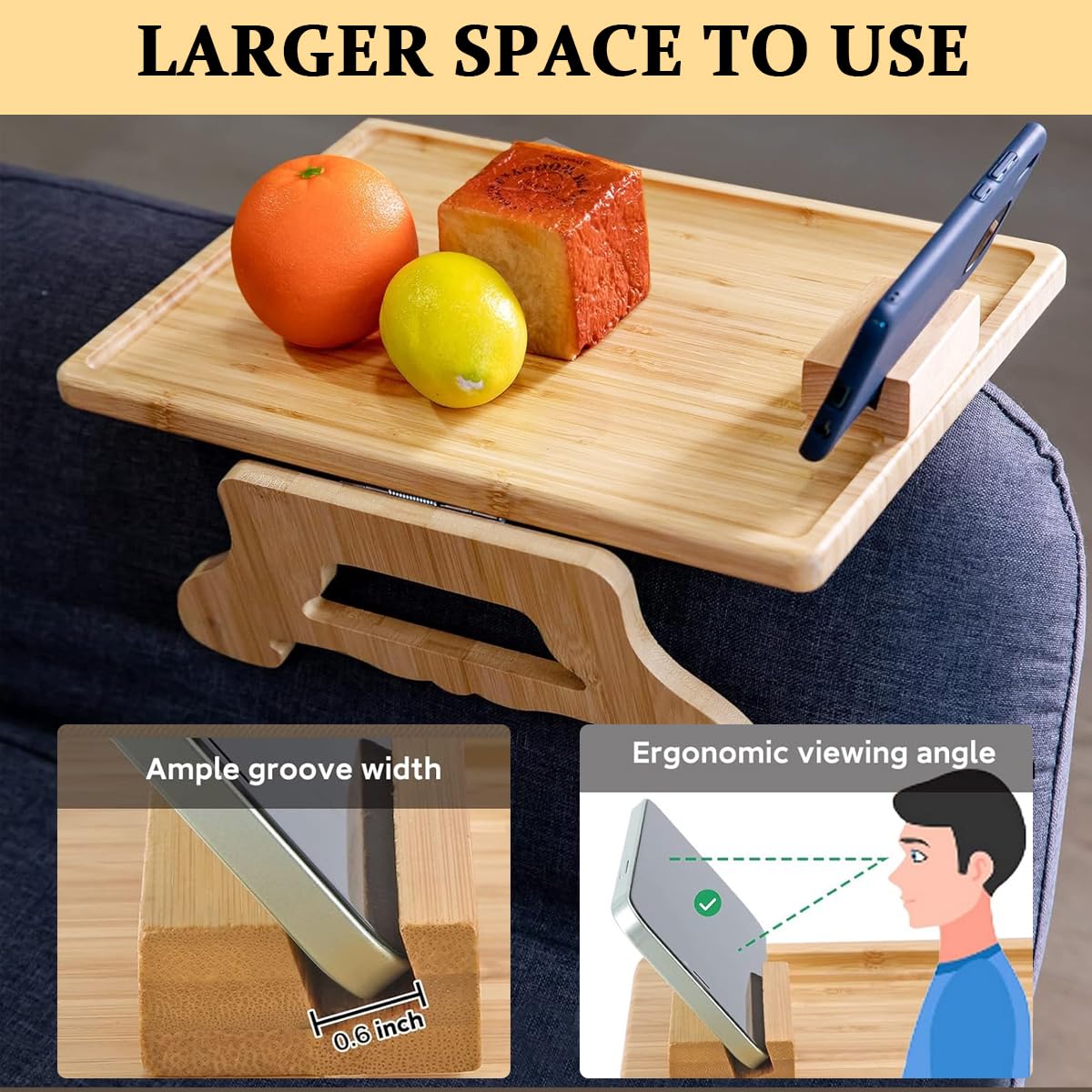 HASTHIP Sofa Armrest Wooden Tray for Work and Relaxing with 360° Rotatable Phone Holder | Eco-Friendly Bamboo Folding Table