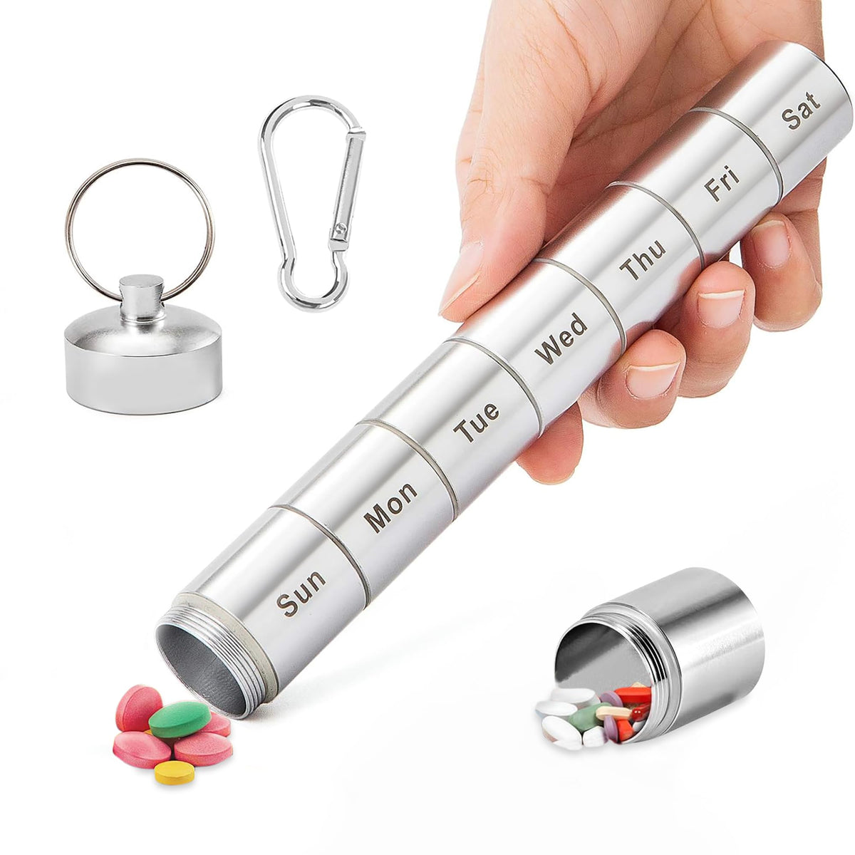 HASTHIP® Pastillero Metálico de Viaje 7 Días,Organizador de Pastillas Apilable Aleación Aluminio,Estuche Impermeable y Hermético para Vitaminas y Medicamentos Portátil para Hogar Exterior