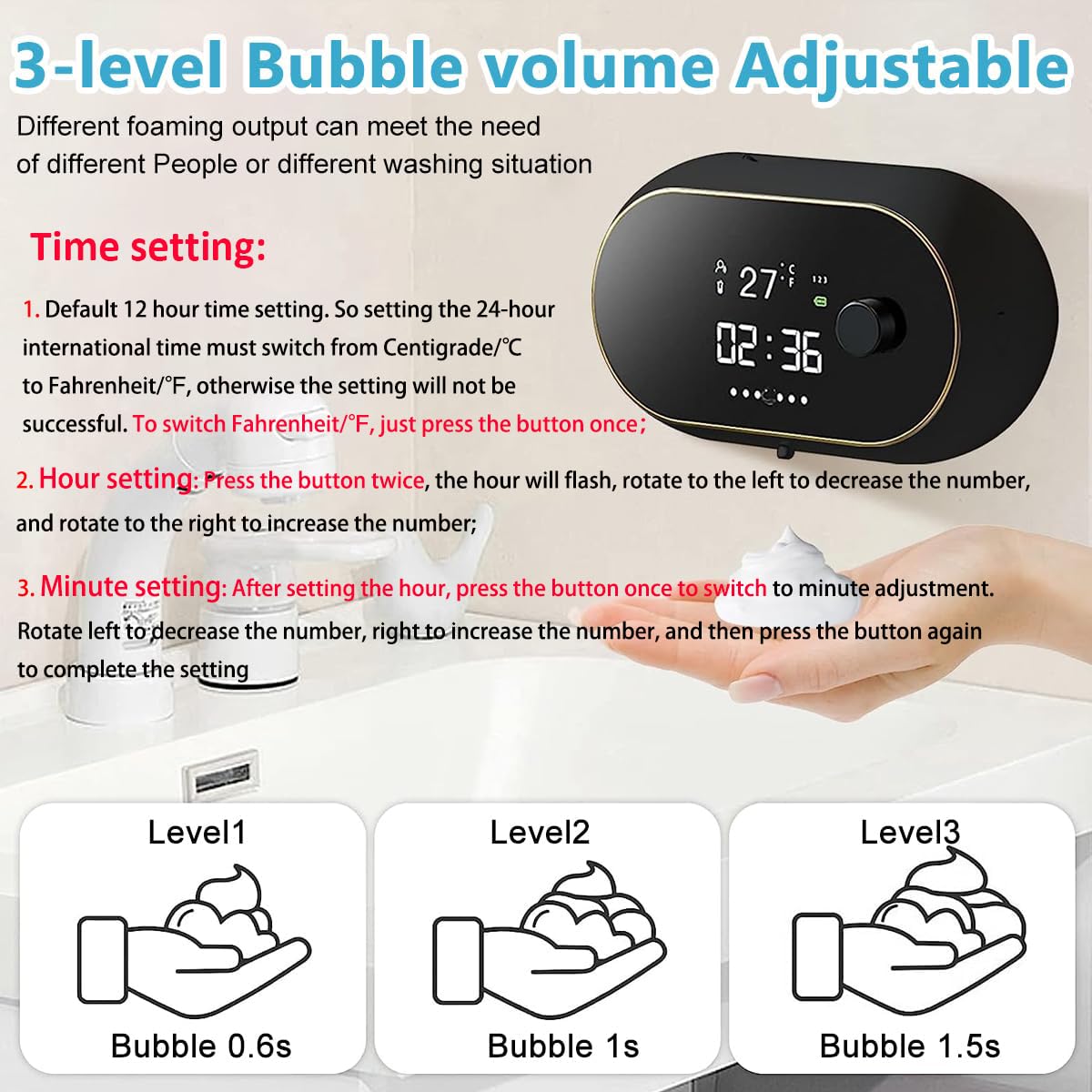 Automatic Soap Dispenser for Bathroom, Electric Foaming Handwash Dispenser, 500ml Wall Mounted Touchless Shampoo Hand Wash Dispenser with 3 Adjustable Bubble Levels with Bracket (Black)