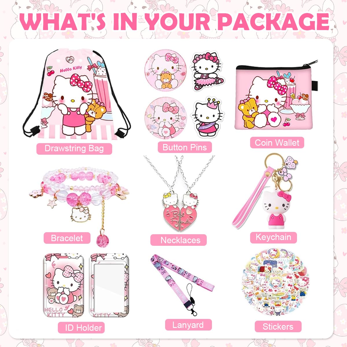 HASTHIP® 12Pcs Kawaii Sanrio Stuff Kitty School Supplies Set, Hello Kitty Sanrio Stationery Set with Drawstring Bag Coin Wallet Bracelet Keychain Necklaces Button Pins Stickers Lanyard for Kids Adults