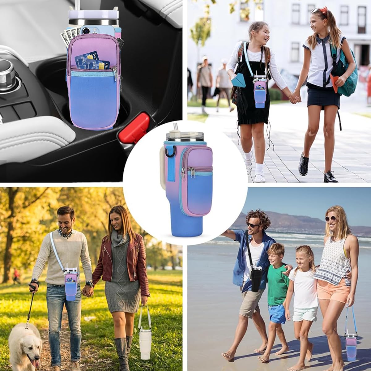 HASTHIP Water Bottle Carrier Bag for Stanley 40oz Tumbler with Phone Pocket and Strap | Neoprene Gradient Purple 2 PCS