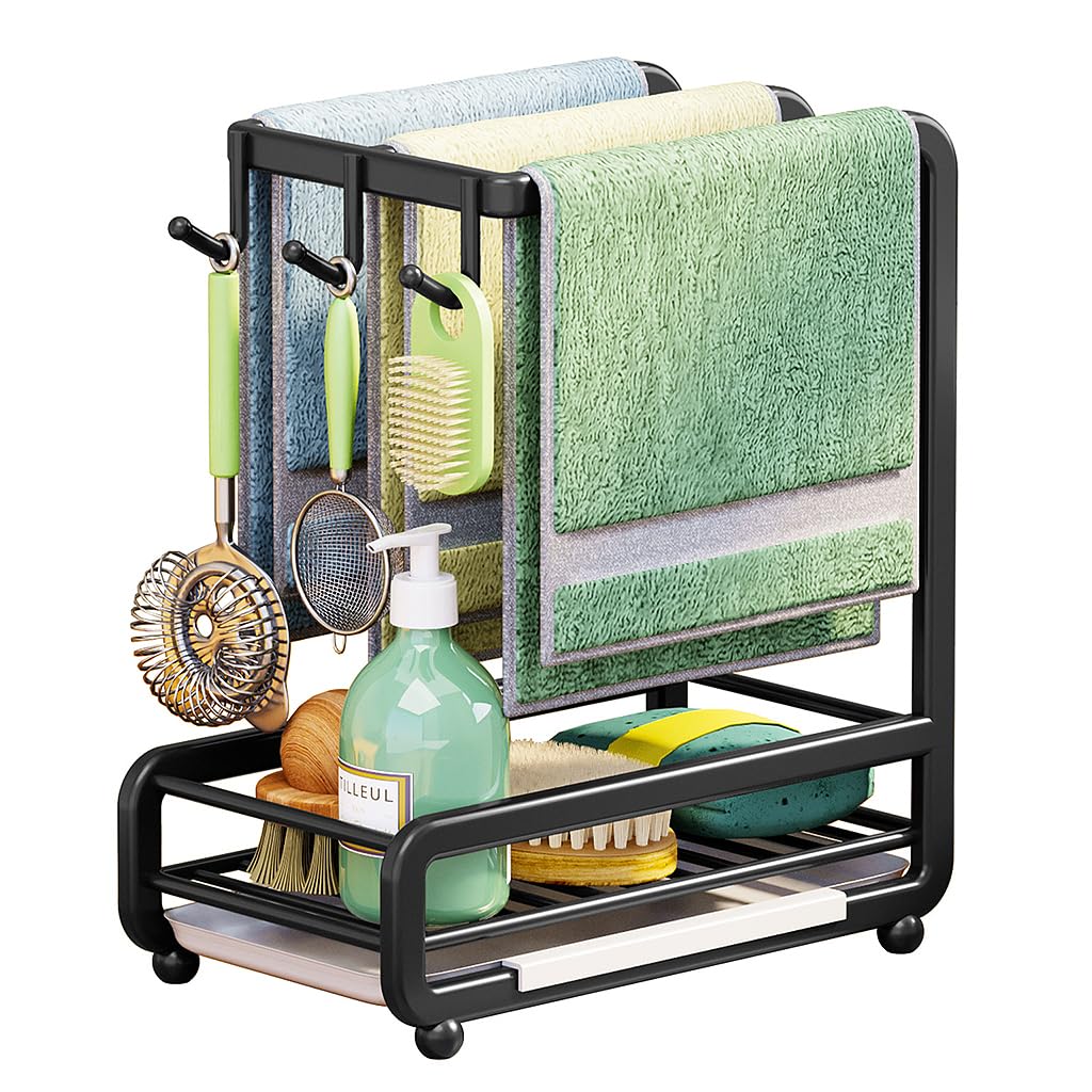HASTHIP Kitchen Sink Organizer for Countertop Storage with Drainer Panel 24.5 x 14 x 28cm | Carbon Steel Black Rack