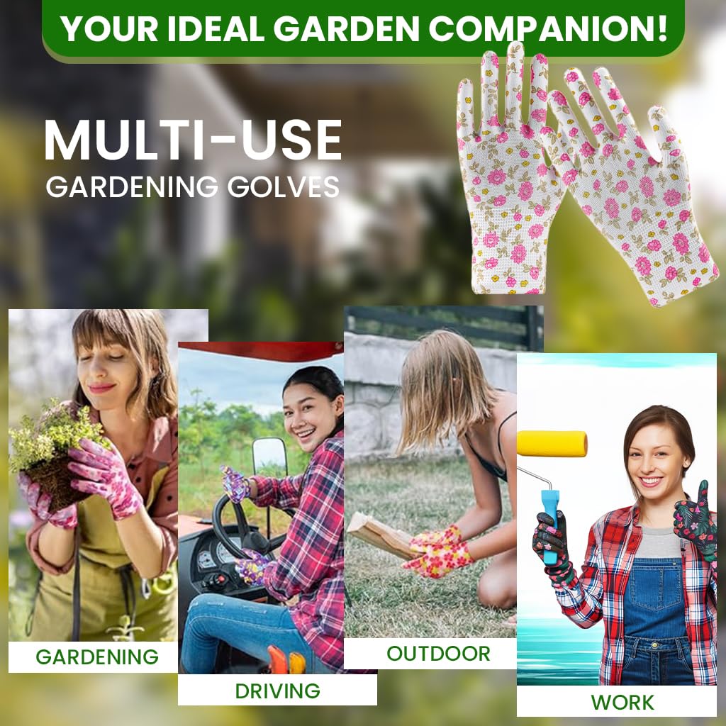 HASTHIP Gardening Gloves for Women with Full Palm Anti Slip Grip 6 Pairs Nylon Floral Print
