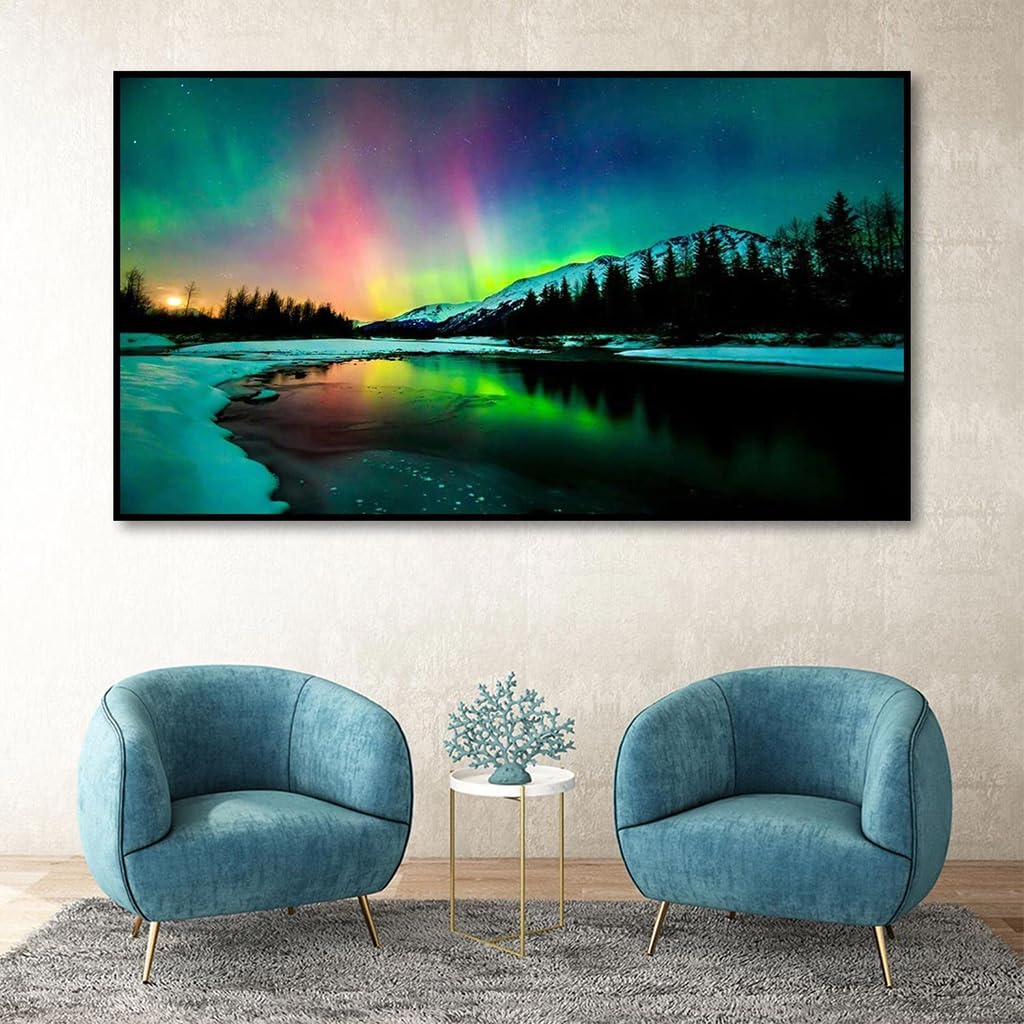 HASTHIP Diamond Painting Kit for Adults with Full Drill Rhinestones 27.5×15.7in Canvas | Aurora Lake DIY Home Wall Art