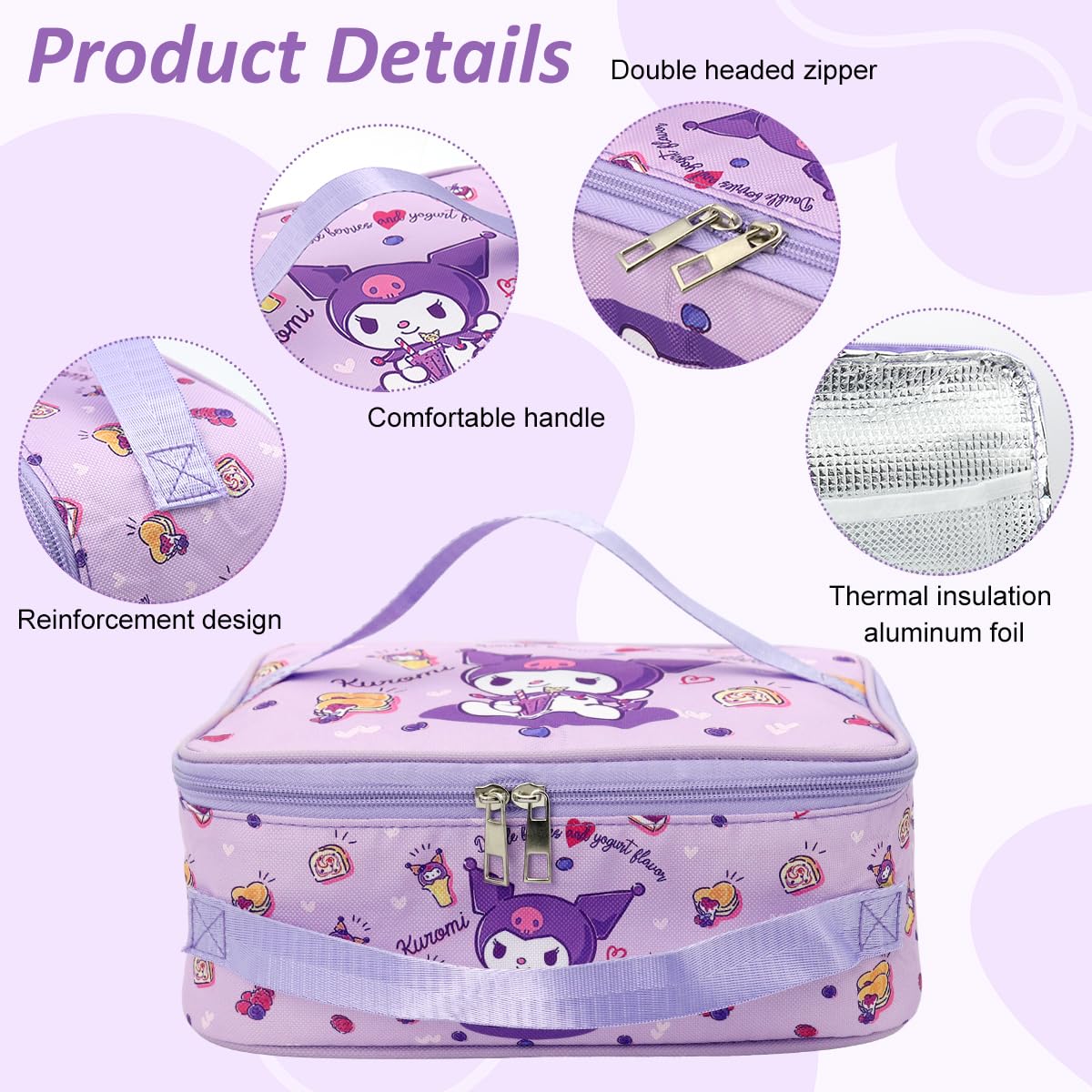 HASTHIP Cotton Insulated Bento Box Lunch Bag 11.4x8.3x3.9 in with Dual Handles | Purple for Kids and Adults