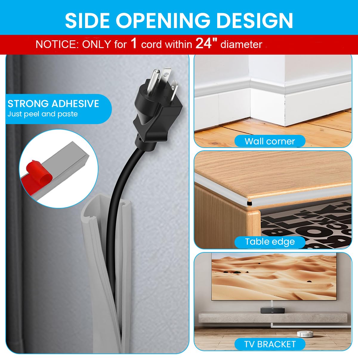 HASTHIP® 6.6ft PVC Cord Cover for Wall Self Adhesive Floor Cord Hider Wall Wire Holder Hider Cuttable Soft Cable Hider Side Open Flexible Wire Cover Cable Covers, for 1 Wire About 0.24" Diameter