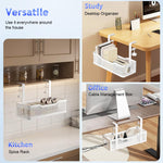 HASTHIP® No Drill Under Desk Cable Management Tray, Adjustable Metal Wire Organizer Rack with Clamp for Cord, Power Strip & Network Cable Storage, Office Or Home Use, 13x4.7x3.1 inches (White)