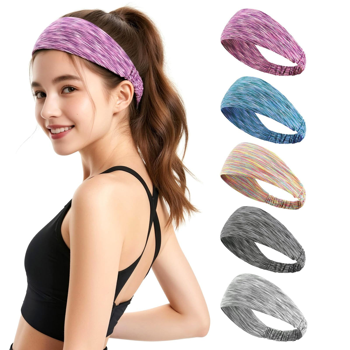 HASTHIP® Bandas Deportivas Antideslizantes para Hombre y Mujer - Diademas Elásticas Anchas Transpirables, Absorbentes de Sudor, Ideales para Correr, Yoga, Gimnasio, Fitness y Ciclismo - Pack de 5