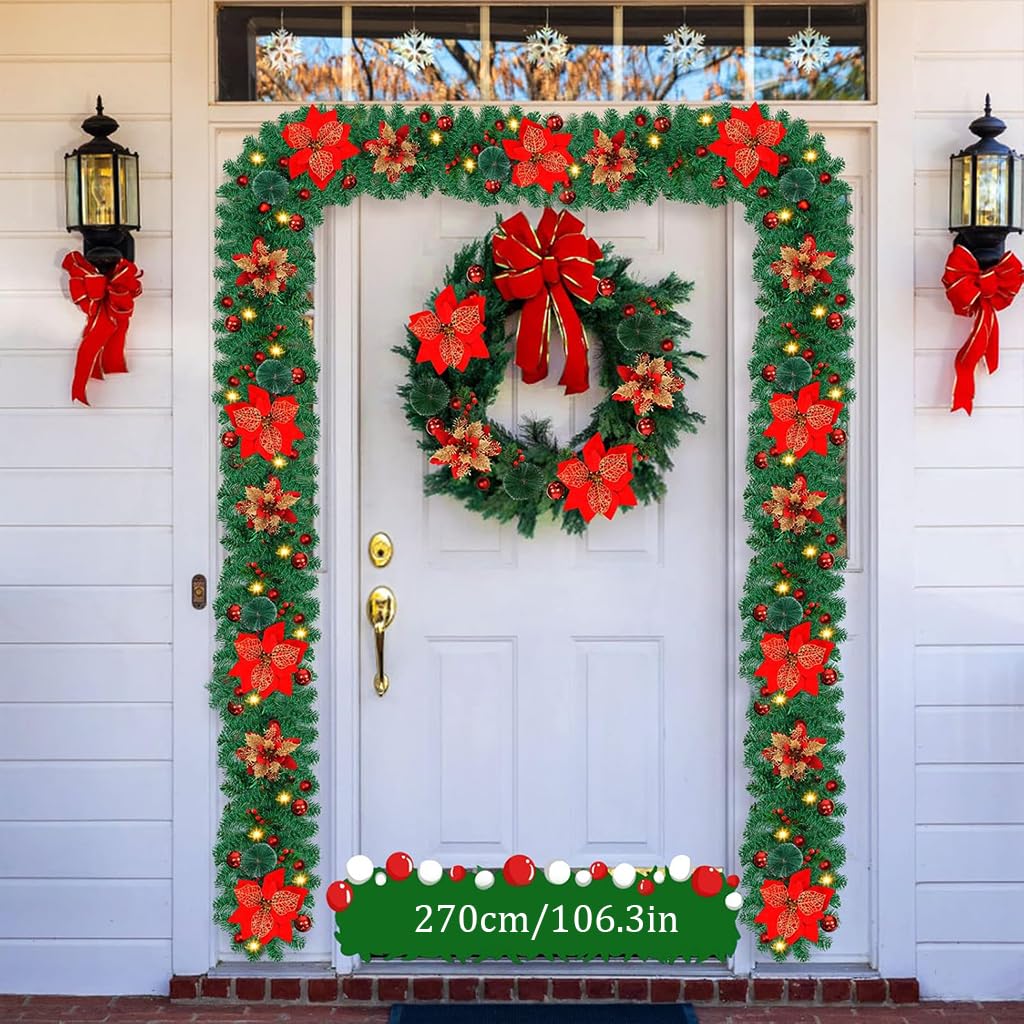 HASTHIP Christmas Garland for Fireplace and Stair Decor with Red Flowers and Berries 106 in | Festive Indoor Outdoor Holiday Decoration