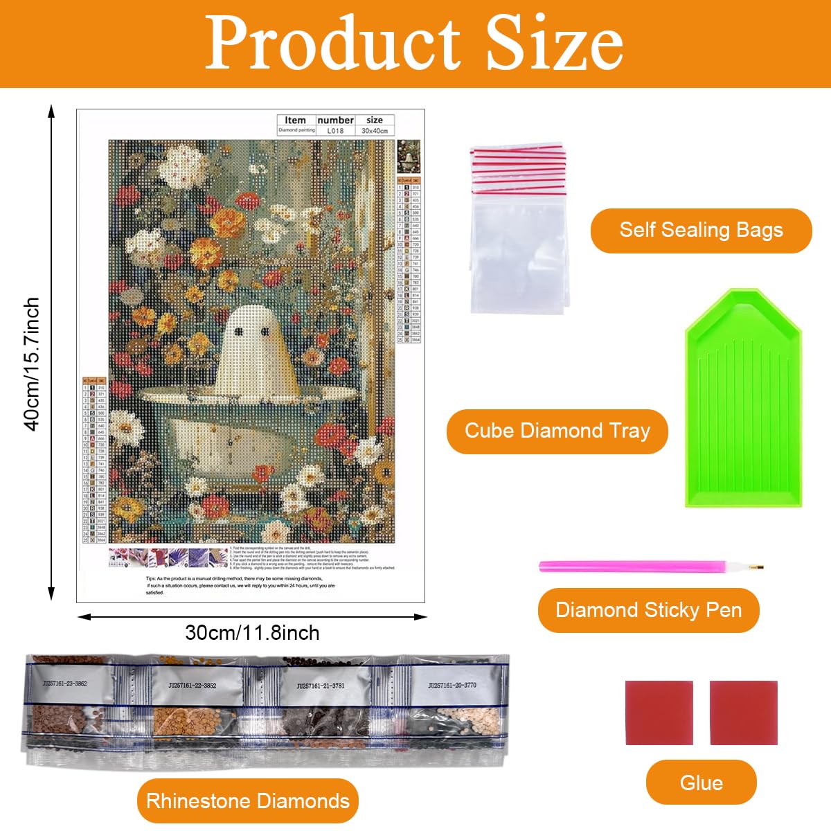 HASTHIP DIY 5D Diamond Painting Kit for Home Decor featuring Full Drill 30x40cm Canvas | Whimsical Ghost in Floral Bathtub with Resin Gems and Tools
