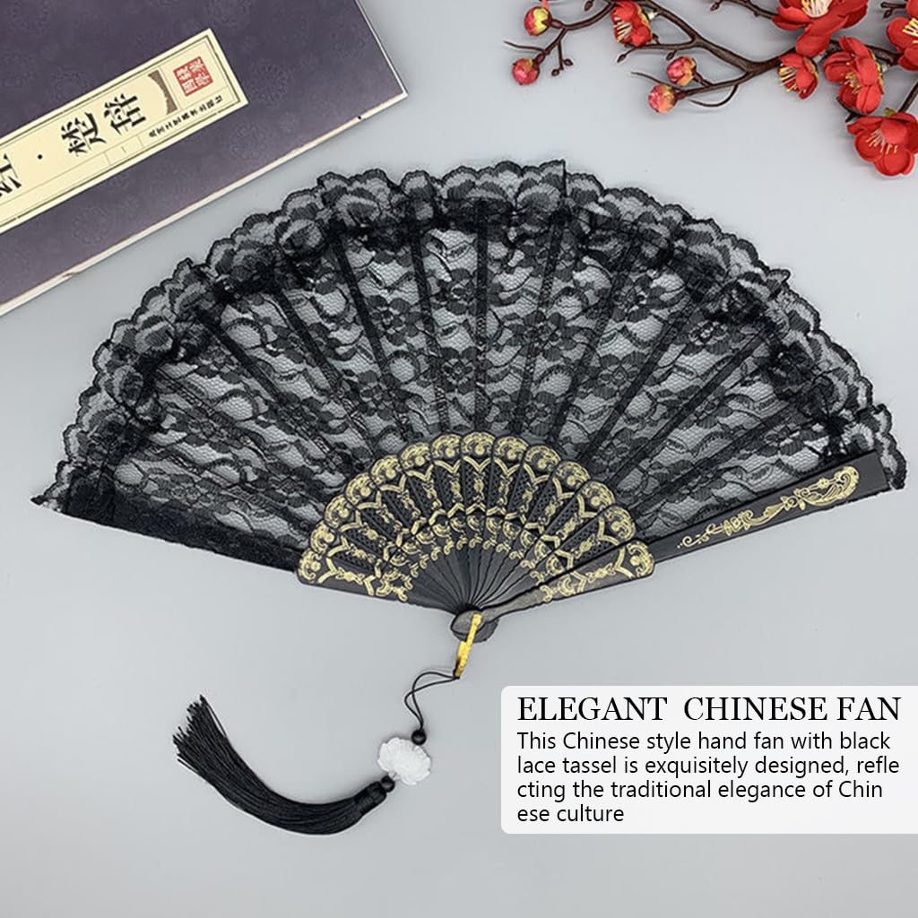 HASTHIP Chinese Hand Fan for Parties and Weddings with Bamboo Frame and Black Lace | 2PCS Set