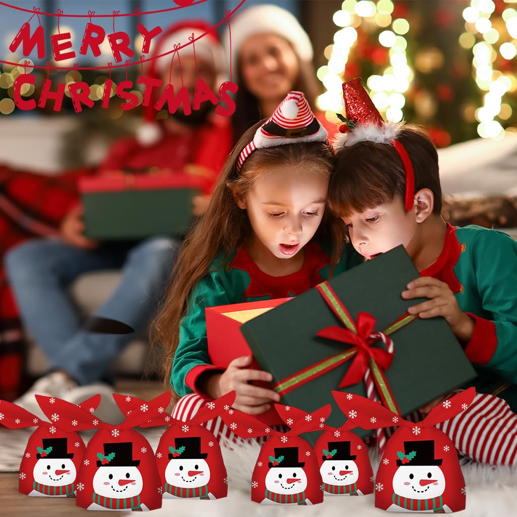 HASTHIP Christmas Gift Bags 50pcs for Small Holiday Gifts with Tie Up Closures | Red Snowman Print 13.5x23cm