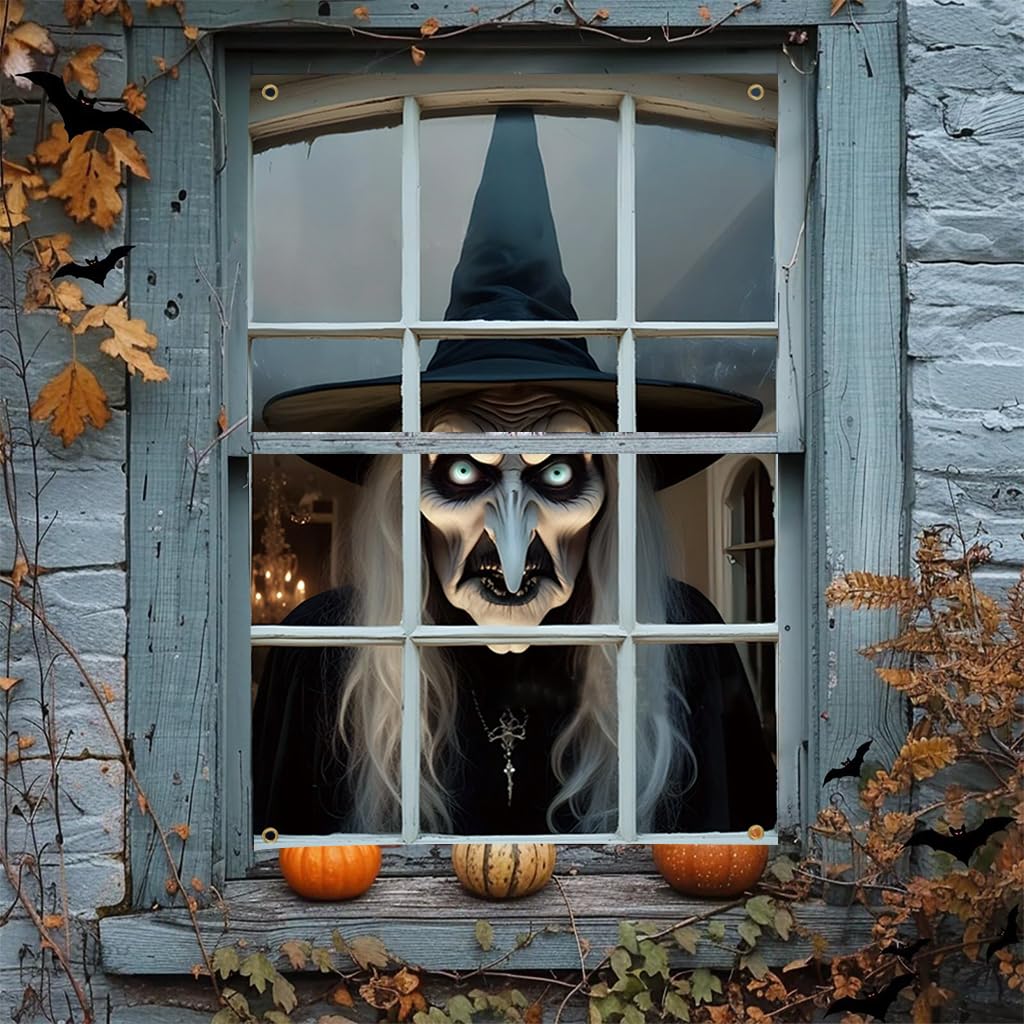 HASTHIP Halloween Window Cover for Haunted Houses with 80x120cm Witch Face Banner | Indoor and Outdoor Scary Decoration