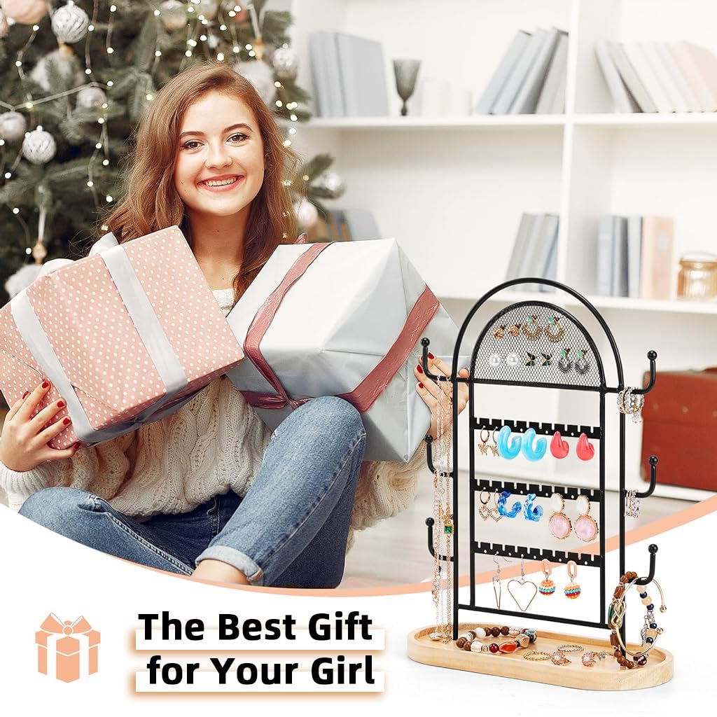 HASTHIP Jewelry Organizer for Desk Use with 3 Tiers 27 Holes 6 Hooks & Wooden Tray | Metal Display Stand for Earrings Necklaces Rings