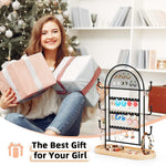 HASTHIP Jewelry Organizer for Desk Use with 3 Tiers 27 Holes 6 Hooks & Wooden Tray | Metal Display Stand for Earrings Necklaces Rings