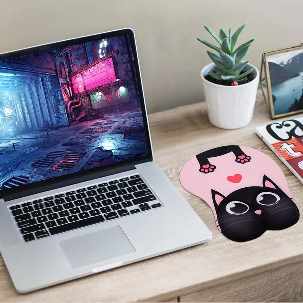 HASTHIP® Alfombrilla de Ratón Ergonómica con Reposamuñecas de Silicona,Superficie Lisa Lycra,Diseño Kawaii Rosa Antideslizante para Oficina y Gaming