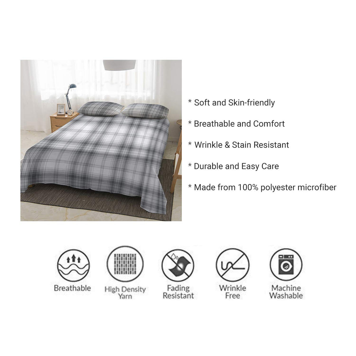 HASTHIP Bed Sheet Set for Queen with 102x90 in Flat Sheet and 21x32 in Pillowcases | Gray Grid Microfiber