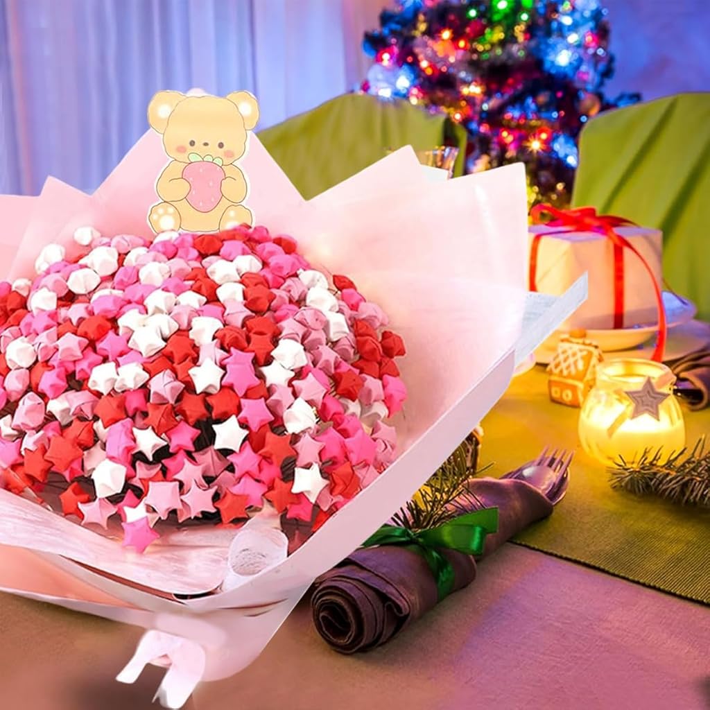 HASTHIP® Origami Stars Papers Pink Origami Paper Strips Pink Origami Paper Star Bouquet Handmade DIY Material Package Wishing Lucky Five-Pointed Star Origami Creative Birthday
