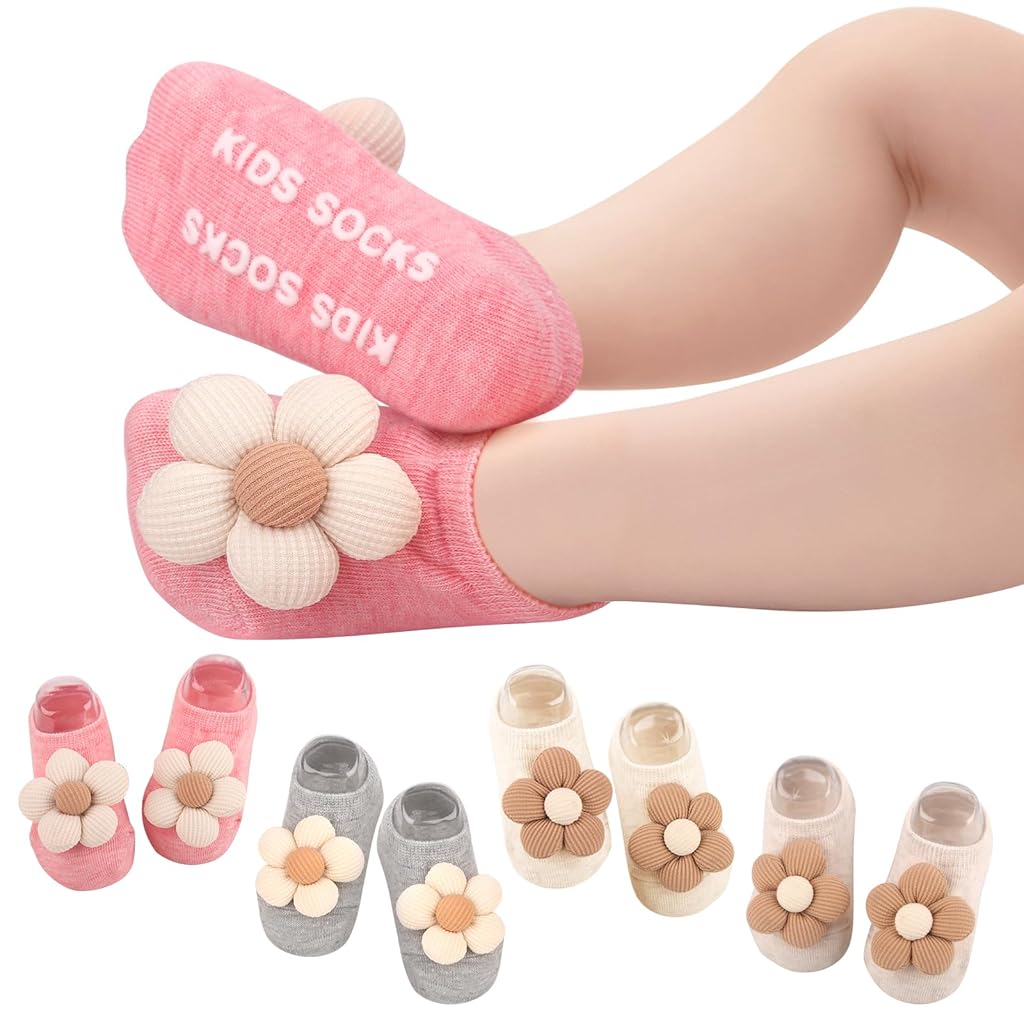 HASTHIP® Paquete de 4 calcetines antideslizantes con agarre para bebés y niñas recién nacidas.
