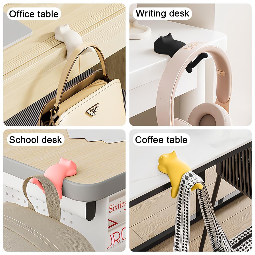 HASTHIP Desk Bag Hooks for Home and Office with Self Adhesive Design | 4 Pcs Cartoon Kitty Hangers